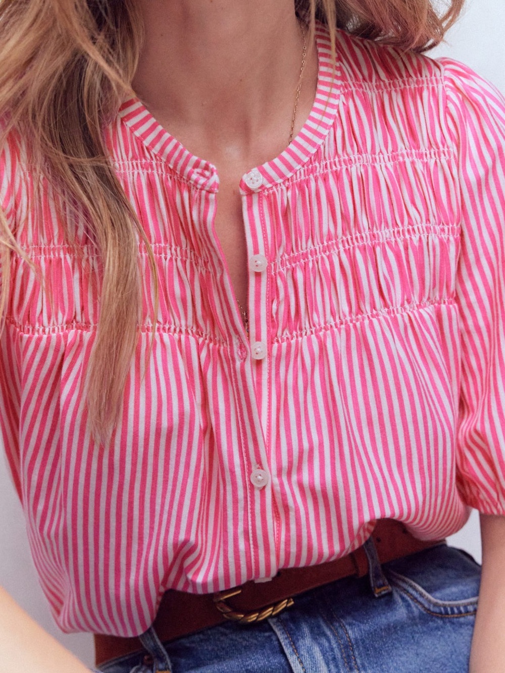 Boden Pink & White Striped Smocked Puff-Sleeve Blouse - Picture 3 of 12